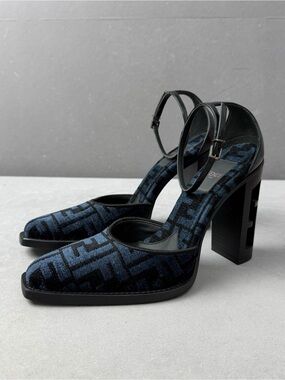 Fendi Black and Navy Velvet FF Logo Ankle-Strap Block Heels